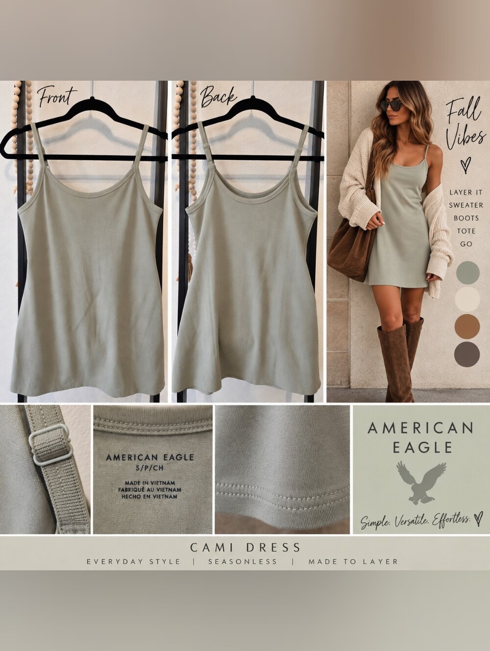 American Eagle Sage Green Cami Dress Size Small NWT